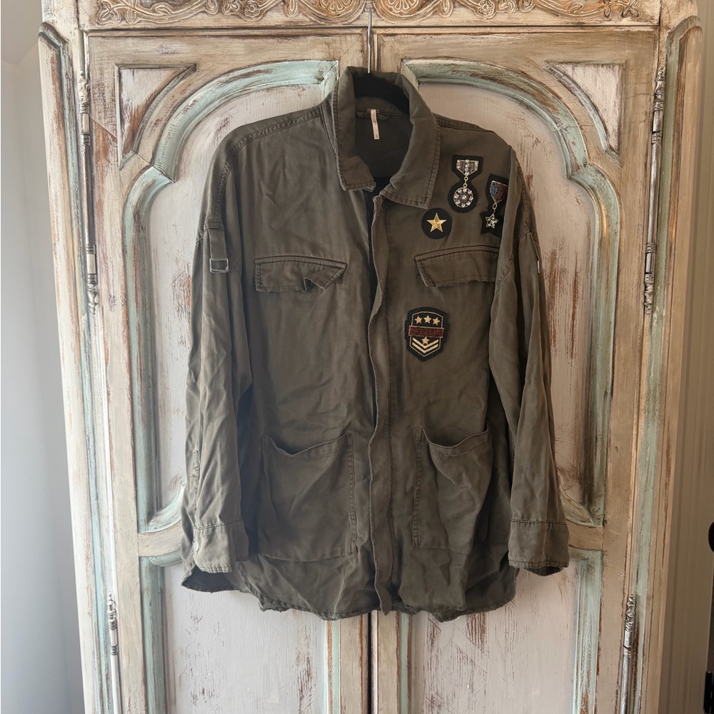 Free People Olive Utility Jacket with Patches